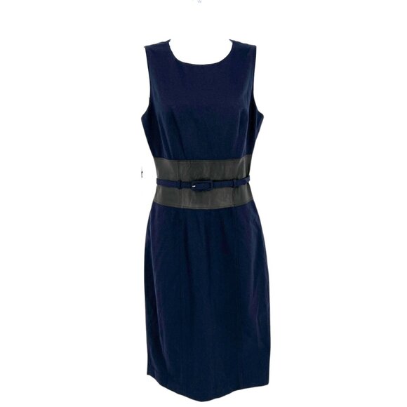 Susana Monaco Wool Blend Belted Navy Blue Leather Panel Dress Size 4 NWT - Picture 1 of 13